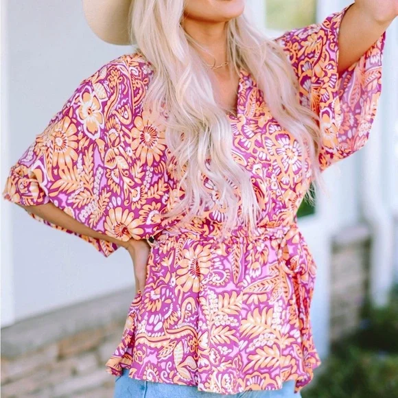 Boho Floral Print Belted Surplice Blouse Bohemian Top - Picture 7 of 15